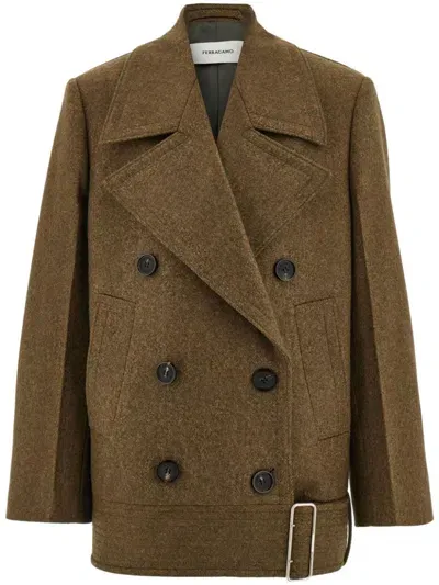 Ferragamo Double Wool And Cashmere Peacoat In Green