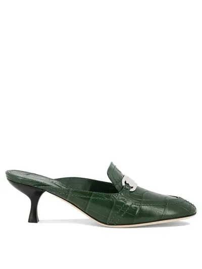 Ferragamo Woman Kitten Heel Mule With Golden Buckle In Green