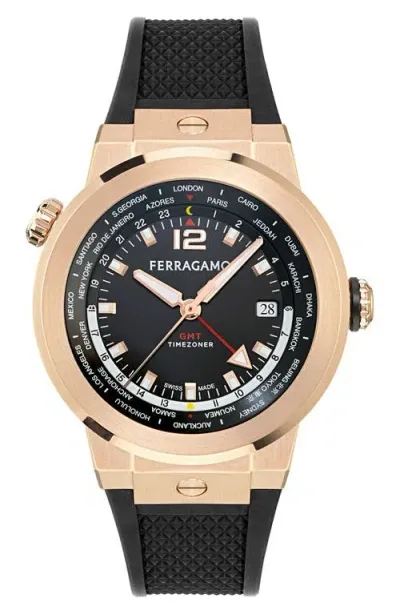 Ferragamo F-80 Gmt Worldtime Silicone Watch, 43mm In Black