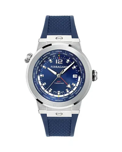 Ferragamo F-80 Gmt Worldtime Silicone Watch, 43mm In Blue