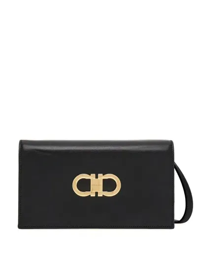 Ferragamo Gancini Leather Wallet On Chain In Black