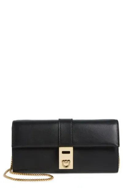 Ferragamo Hug Leather Wallet On A Chain In Black