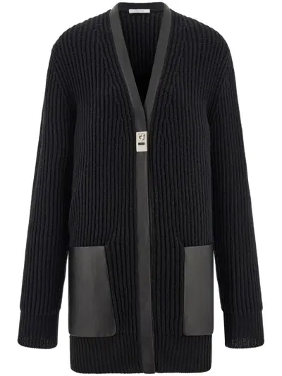 Ferragamo Leather-trimmed Cardigan In Black