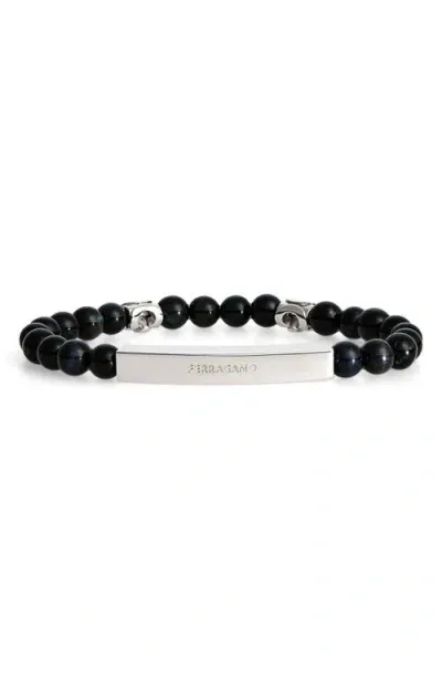 Ferragamo Logo Plate Falcon's Eye Beaded Bracelet In Black