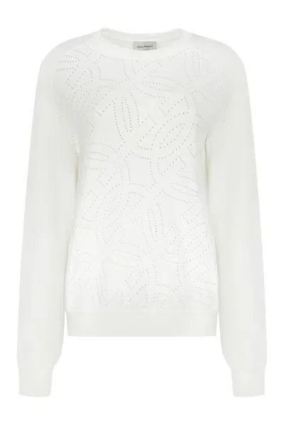 Ferragamo Long Sleeve Crew-neck Sweater In White