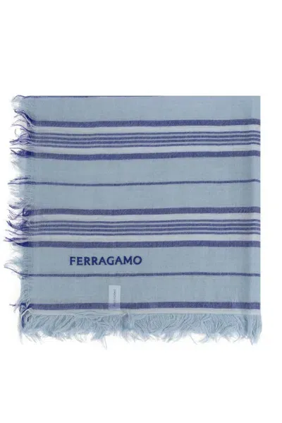 Ferragamo Salvatore  Logo Embroidered Striped Frayed Scarf In Blue