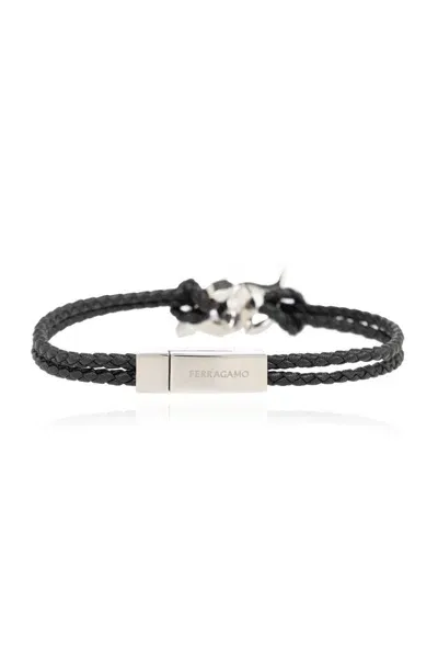 Ferragamo Salvatore  Logo Engraved Intertwined Gancini Bracelet In Black