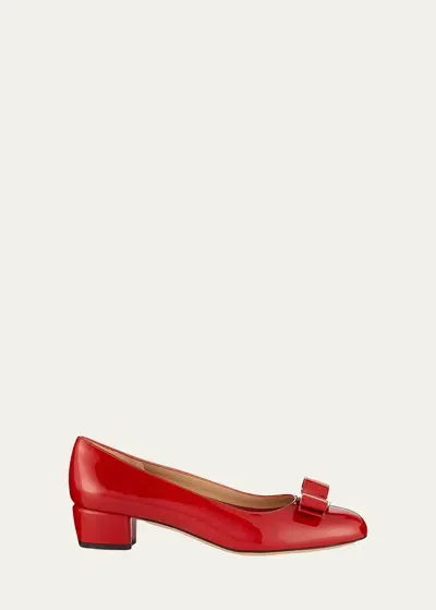 Ferragamo Vara Bow Leather Low Pumps In Red