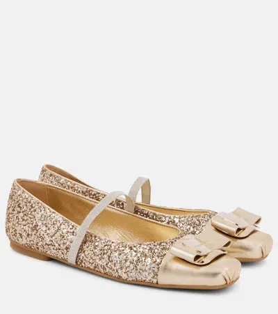 Ferragamo Zina Leather-trimmed Glitter Ballet Flats In Metallic