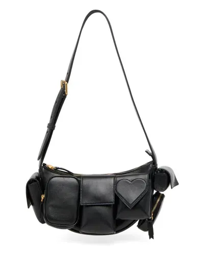 Fiorucci Calfskin Leather Crossbody Bag With Pockets. In Black