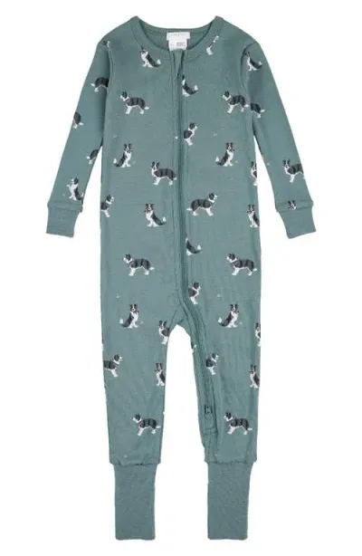 Firsts By Petit Lem Babies'  Australian Shepherd Print One Piece Cotton Convertible Footie Pajamas In Turquoise