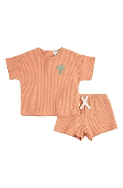 Firsts By Petit Lem Babies'  Cactus Appliqué Thermal Knit T-shirt & Shorts Set In Coral