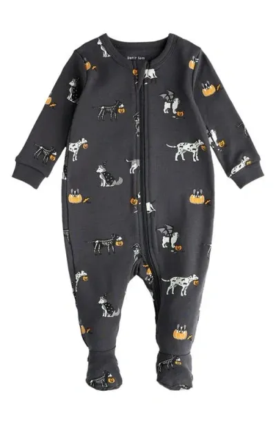 Firsts By Petit Lem Babies'  Howl-oween Print One Piece Cotton Footie Pajamas In Dark Grey