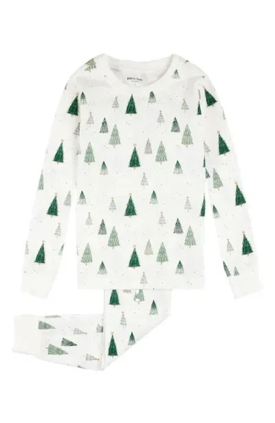 Firsts By Petit Lem Kids' Christmas Tree Fitted Two-piece Organic Cotton Pajamas In Off White