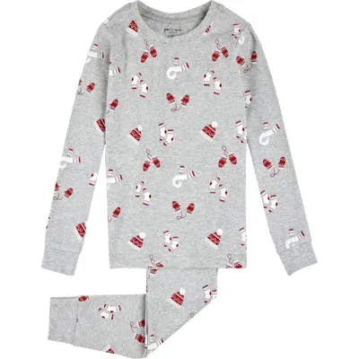 Firsts By Petit Lem Kids' Holiday Print Fitted Two-piece Organic Cotton Pajamas In Medium Heather Grey