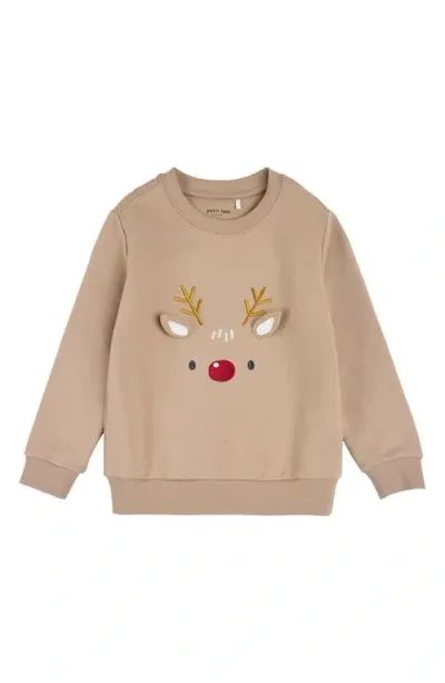 Firsts By Petit Lem Kids' Holiday Reindeer Embroidered Cotton Graphic Sweatshirt In Sand