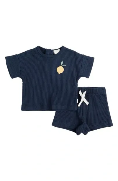 Firsts By Petit Lem Kids' Lemon Appliqué Thermal Knit T-shirt & Shorts Set In Navy