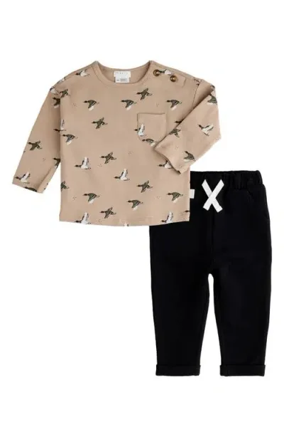 Firsts By Petit Lem Babies'  Mallard Print Long Sleeve Stretch Cotton T-shirt & Pants Set In Sand