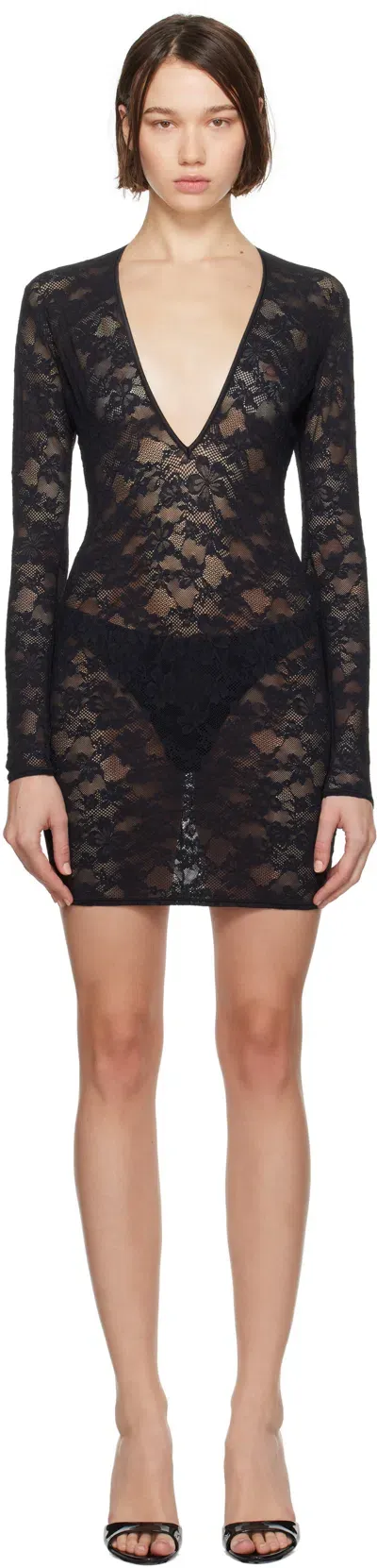 Fleur Du Mal Black 'le Stretch' Lace Plunge Minidress