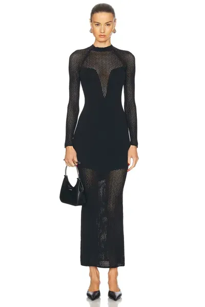 Fleur Du Mal Knit Mesh Long Sleeve Maxi Dress In Black