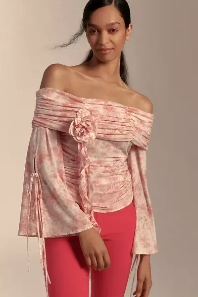 Forever That Girl Floral Appliqué Mesh Bardot Top In Pink