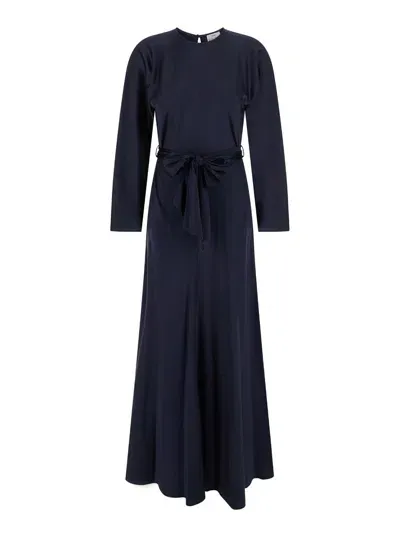 Forte Forte Long Blue Dress With Long Sleeves And Bow In Stretch Silk Woman