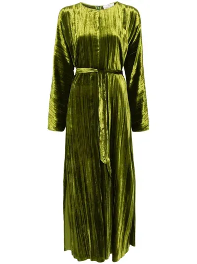 Forte Forte Plissé Velvet Midi Dress W/ Belt In Green