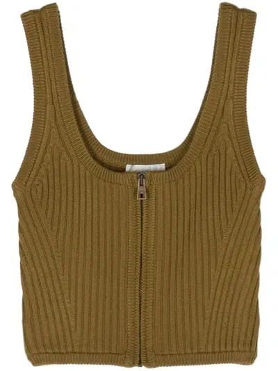 Forte Forte Ribbed-knit Zip-up Crop Top In Green