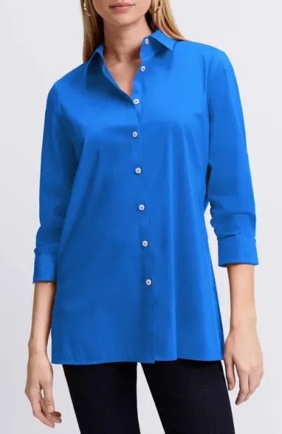 Foxcroft Evelyn Three-quarter Sleeve Button-up Shirt In Blue