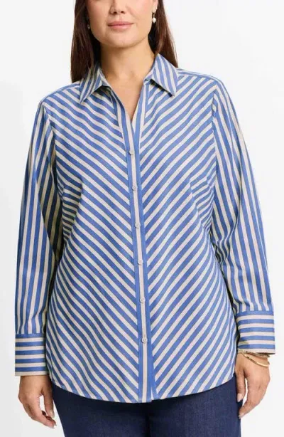 Foxcroft Mary Neutral Stripe Stretch Button-up Shirt In Blue