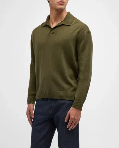 Frame Men's Wool-silk Polo Sweater In Dark Olive