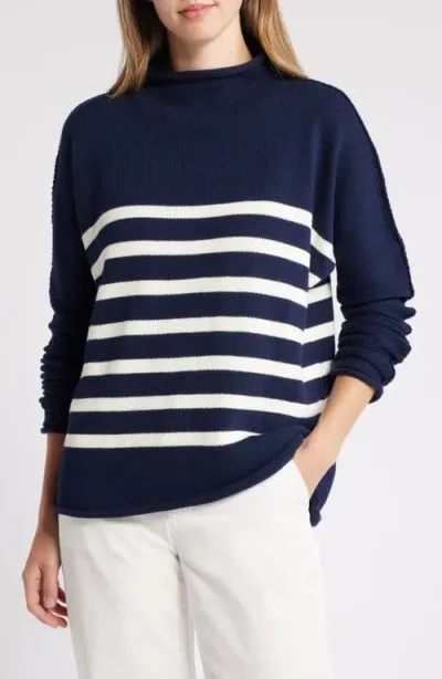 Frank & Eileen Monterey Stripe Cotton Funnel Neck Sweater In Navy With Ivory Stripe