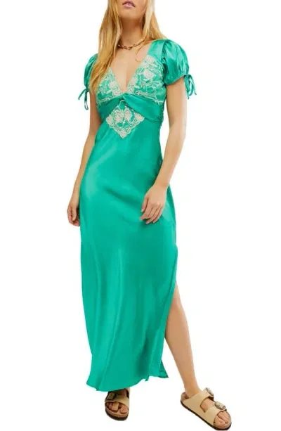 Free People Cooper Embroidered Satin Maxi Dress In Green