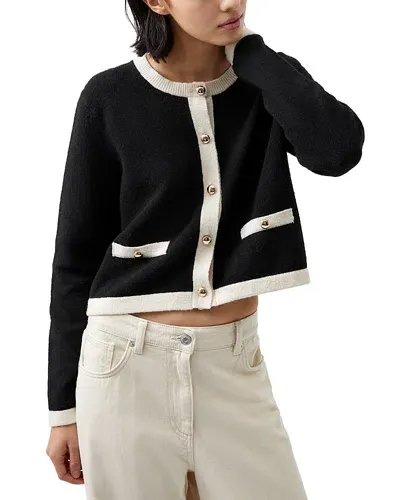 French Connection Vhari Contrast Trim Cardigan In Black/classic Cream