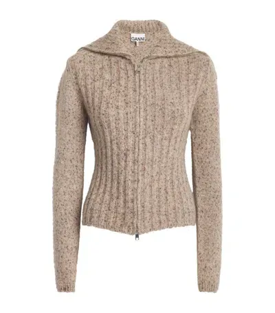 Ganni Alpaca-cotton-blend Zip-up Sweater In Safari