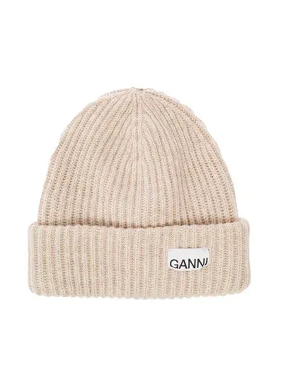 Ganni Beige Fisherman Rib Beanie With Logo Patch In Wool Blend Woman In Neutrals