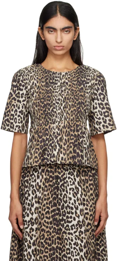 Ganni Black & Brown Open Back Smock Blouse In 943 Leopard