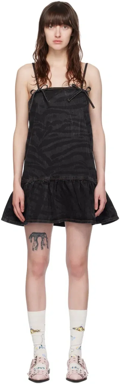 Ganni Black Bow Denim Minidress In 099 Black