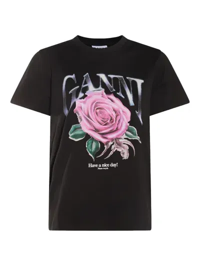 Ganni Black Cotton T-shirt In Negro