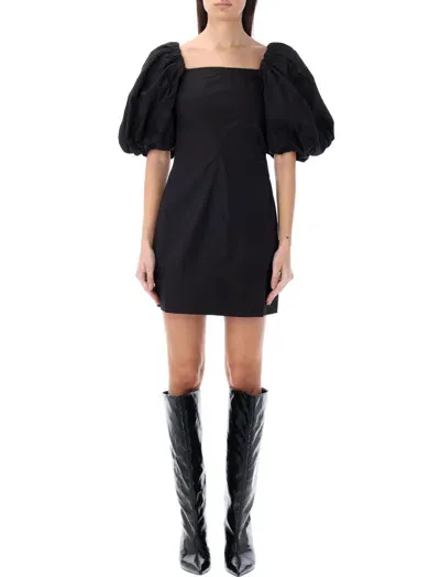 Ganni Black Puff Sleeves Mini Dress