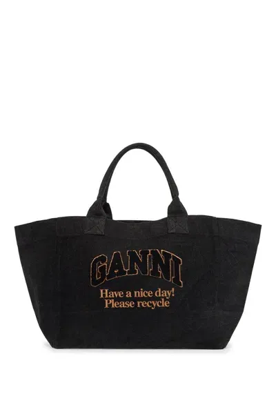 Ganni Borsa Tote Con Logo In Denim In Black