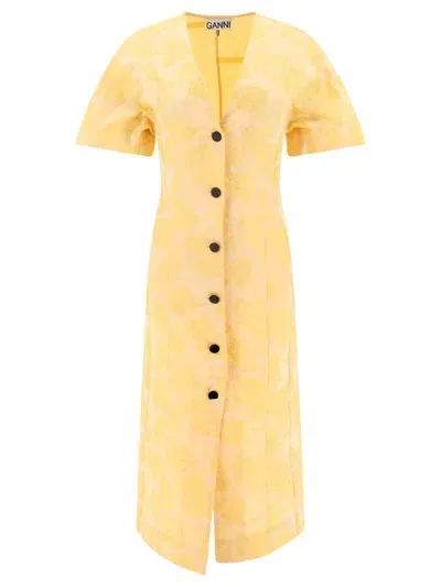 Ganni Botanical Jacquard Dresses Yellow