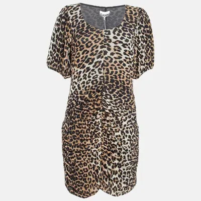 Pre-owned Ganni Brown Brown Leopard Print Jersey Mesh Ruched Mini Dress L