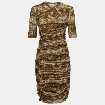 Pre-owned Ganni Brown Snake Print Jersey Ruched Mini Dress S