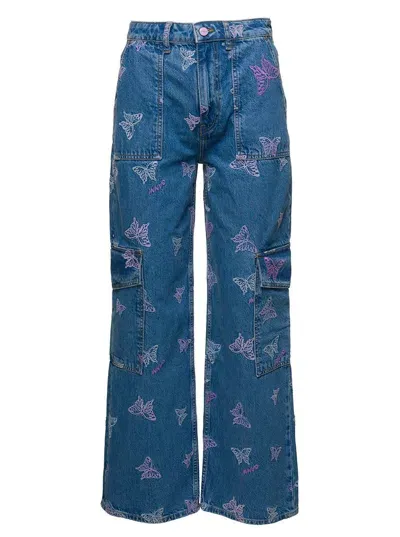 Ganni Butterfly Embroidered Wide Leg Jeans In Blue