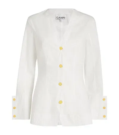 Ganni Cotton Poplin V-neck Shirt In White