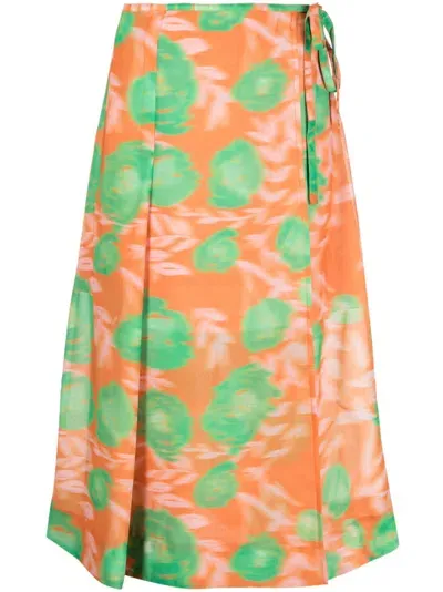 Ganni Floral-print A-line Skirt In Orange