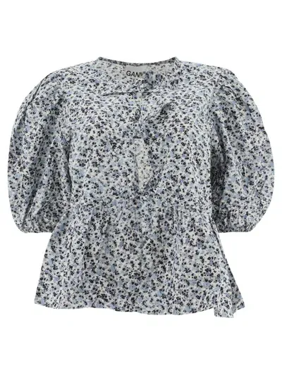 Ganni Floral Printed Poplin Peplum Blouse In Blue