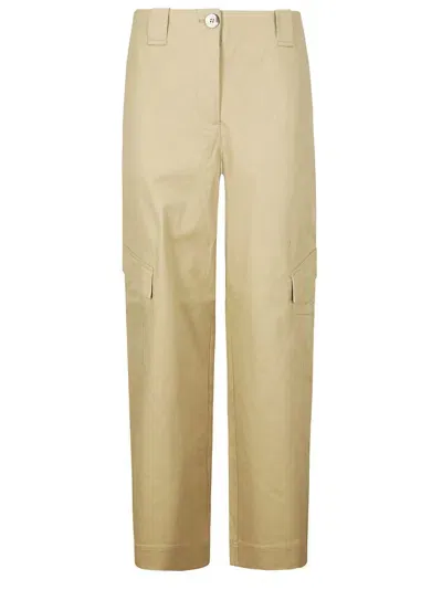 Ganni Herringbone Canvas Mid Waist Pants In Brown