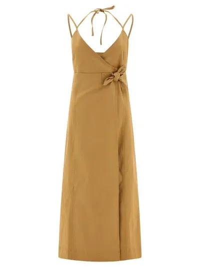 Ganni Herringbone Strap Midi Dress In Beige